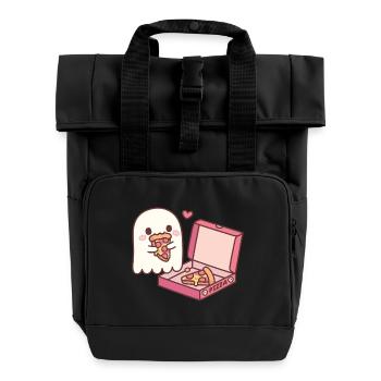 Cute Ghost Eating Pizza Funny - Roll Top Backpack with Two Handles - black - Front