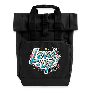 Vibrant Inspirational 'Level up now!' Quote Design - Roll Top Backpack with Two Handles - black - Front