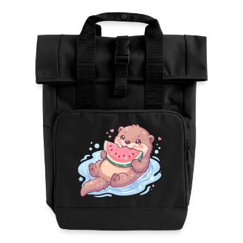 La loutre Kawaii mange de la pastèque - Sac à dos Roll Top à deux anses - noir - Devant