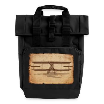 Vintage airplane illustration on scrap paper - Roll Top Backpack with Two Handles - black - Front