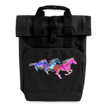 wilde Pferde pink blau Pferdefreunde galoppierend - Rolltop Rucksack mit zwei Griffen - Schwarz - Vorne
