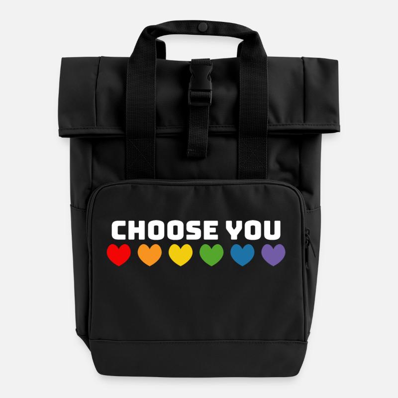 Rainbow hearts choose you white - Roll Top Backpack with Two Handles - black