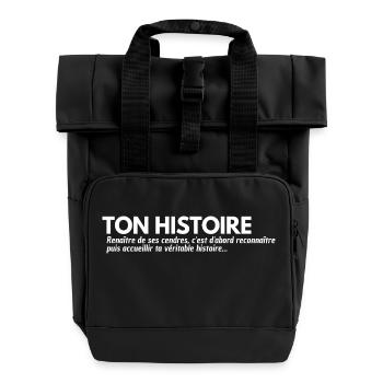 IHRE GESCHICHTE. Zitat - Rolltop Rucksack mit zwei Griffen - Schwarz - Vorne