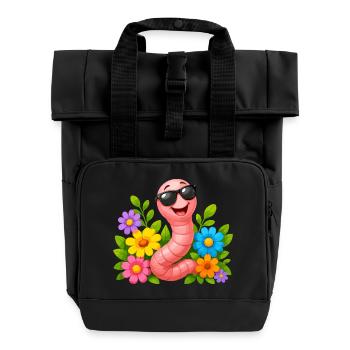 Wurm mit Sonnenbrille im Blumenmeer - Rolltop Rucksack mit zwei Griffen - Schwarz - Vorne