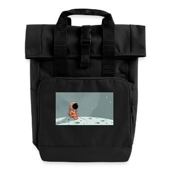 Eine skurrile digitale Illustration eines cartoon - Rolltop Rucksack mit zwei Griffen - Schwarz - Vorne