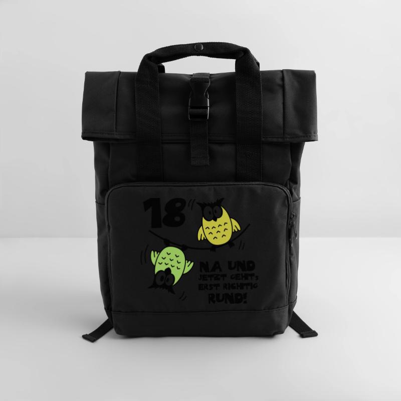 Geburtstag 18, Eulen am Drahtseil, rund Rolltop Rucksack mit zwei Griffen