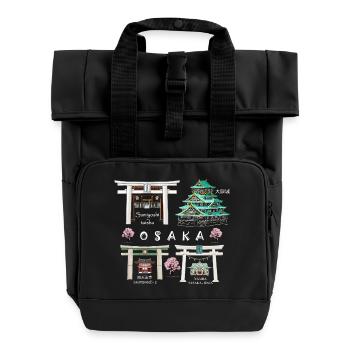 Osaka Castle, Shrines, Temple Drawing, Japan - Roll Top Backpack with Two Handles - black - Front