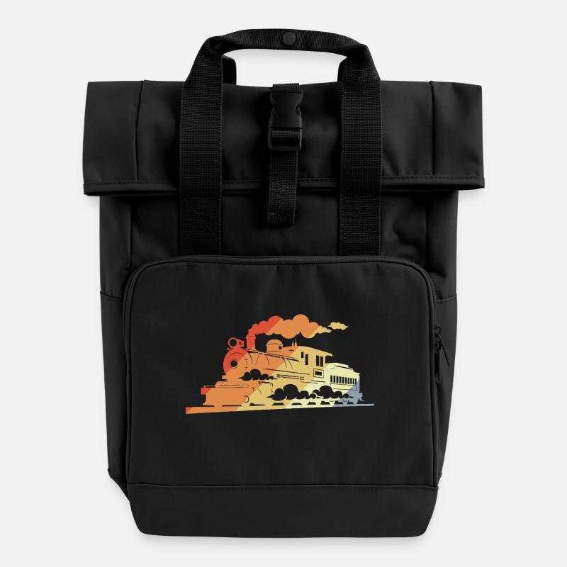 Dampflokomotive Retro Stil - Rolltop Rucksack mit zwei Griffen - Schwarz