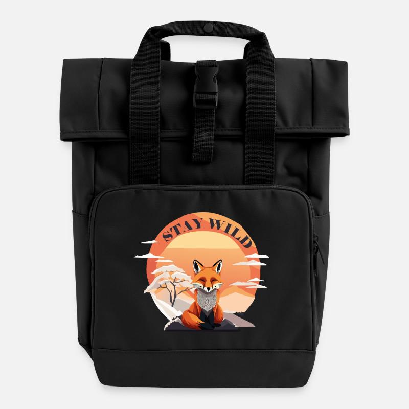 Meditating fox with the inscription Stay Wild - Roll Top Backpack with Two Handles - black