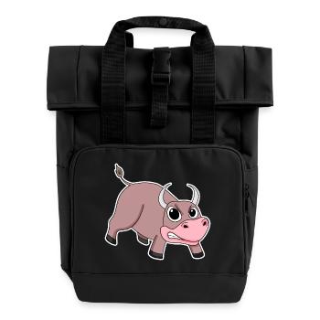 Bull Animal Motif Kids - Roll Top Backpack with Two Handles - black - Front