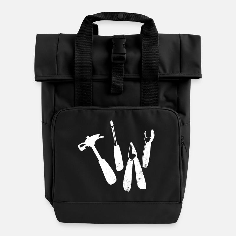 Tool Hammer Pliers Wrench Wrench - Roll Top Backpack with Two Handles - black