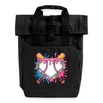 Baseball Homeplate with Pink Frosting and Bat - Roll Top Backpack with Two Handles - black - Front