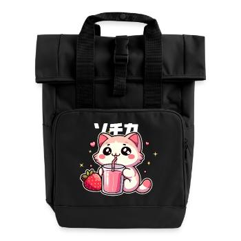 Kawaii Kätzchen trinkt Erdbeer-Smoothie - Rolltop Rucksack mit zwei Griffen - Schwarz - Vorne