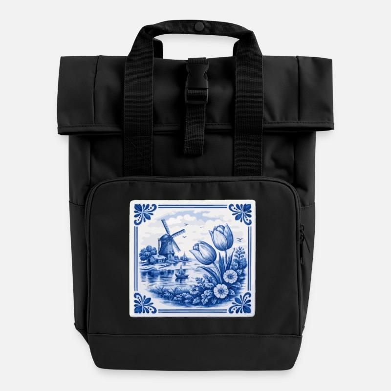 Delft Tulips and Windmill - Roll Top Backpack with Two Handles - black