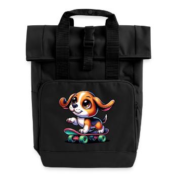 Beagle Skateboarder Comic Cartoon Dog - Roll Top Backpack with Two Handles - black - Front