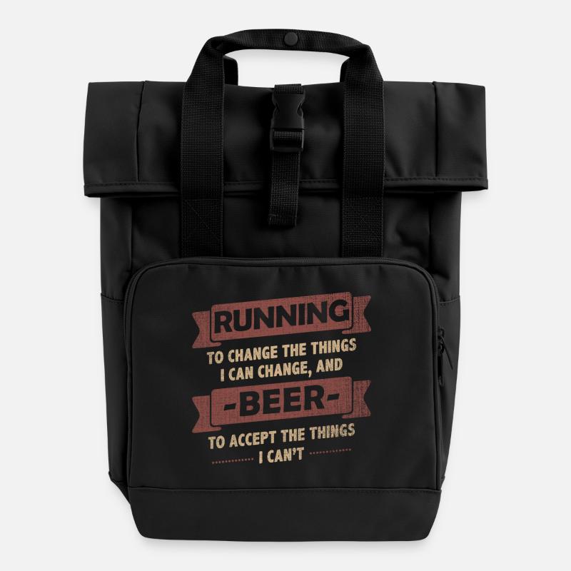 Funny Quotes> Running + Beer - Roll Top Backpack with Two Handles - black