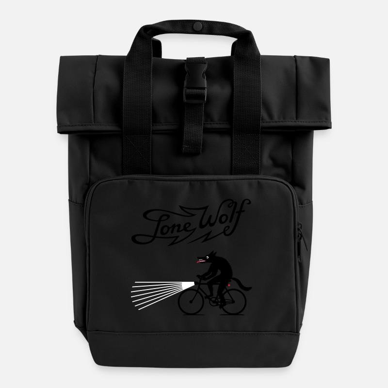 Lone Wolf on bike - Roll Top Backpack with Two Handles - black