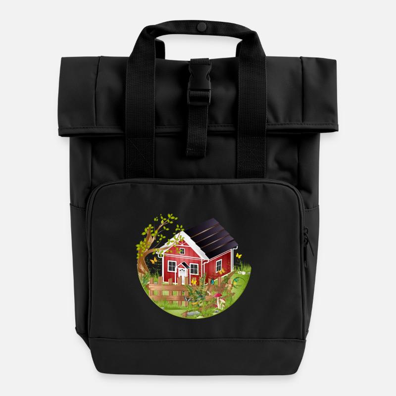 small red house with garden in spring - Roll Top Backpack with Two Handles - black