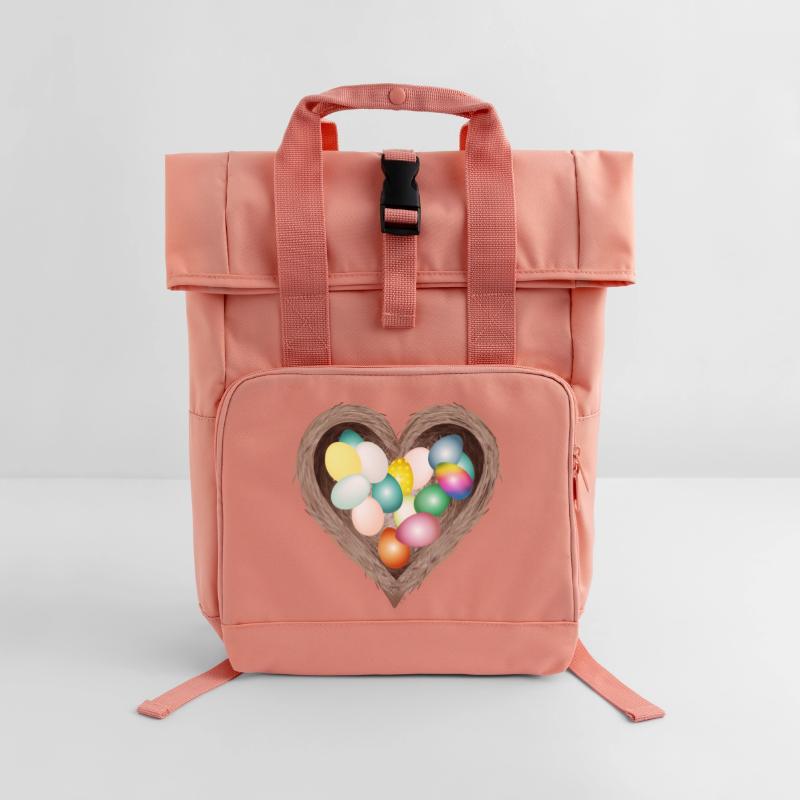 Heart-shaped Easter nest with colorful Easter eggs Roll Top Backpack with Two Handles