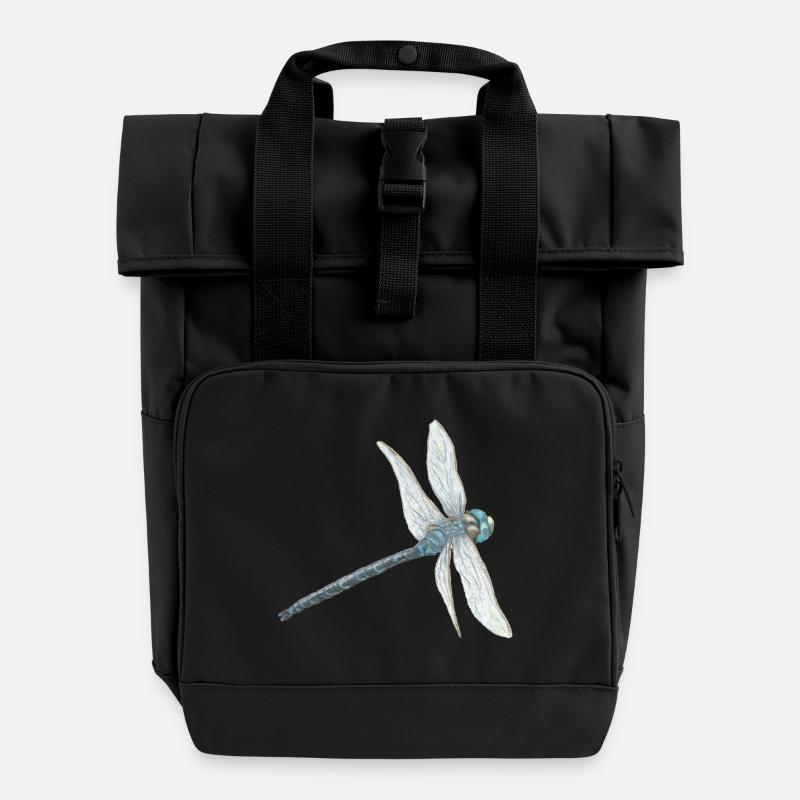 Teal Dragonfly Illustration - Roll Top Backpack with Two Handles - black