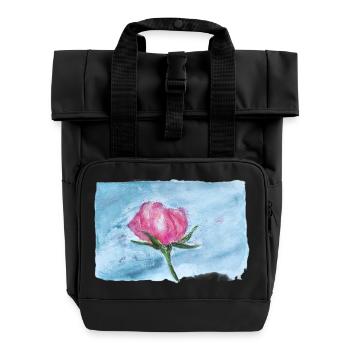 Watercolor Rose on Sky Blue - Roll Top Backpack with Two Handles - black - Front