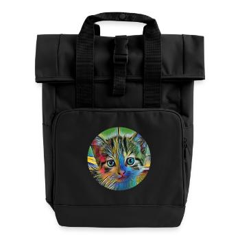 cat - Roll Top Backpack with Two Handles - black - Front