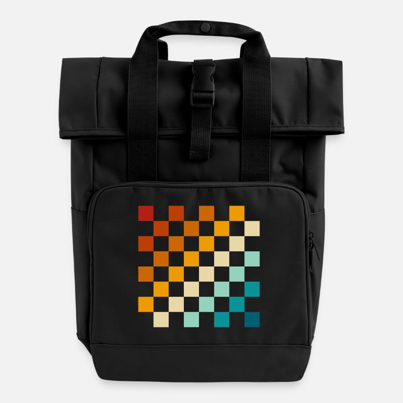 Retro-Schachbrett - Rolltop Rucksack mit zwei Griffen - Schwarz