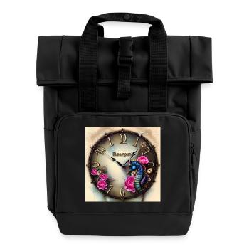 Steampunk watch with flowers and seahorse - Roll Top Backpack with Two Handles - black - Front