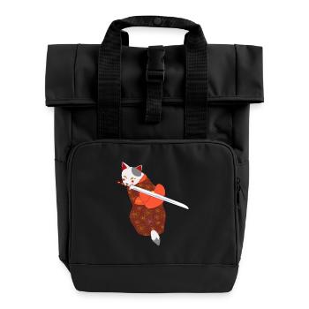 cat in kimono biting sword - Roll Top Backpack with Two Handles - black - Front