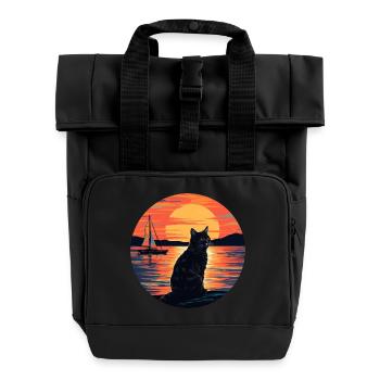 Black Cat Sailing in the Sunset – Nautical - Roll Top Backpack with Two Handles - black - Front