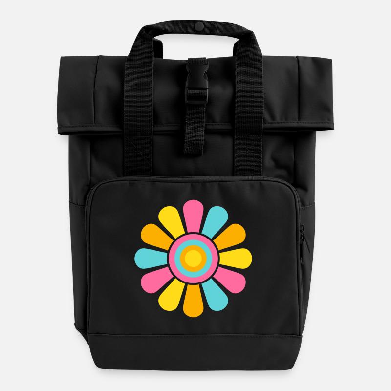 Pink Blue Orange Yellow - Big Colourful Daisy Flow - Roll Top Backpack with Two Handles - black