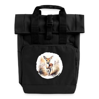 Fawn Watercolor - Roll Top Backpack with Two Handles - black - Front