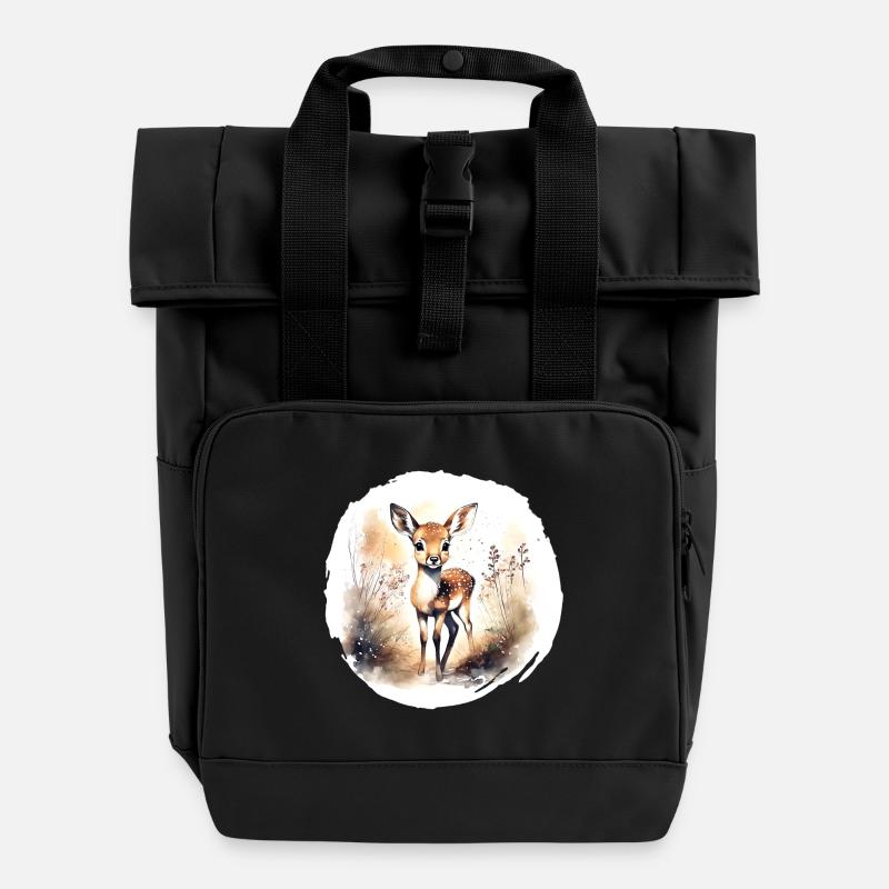 Fawn Watercolor - Roll Top Backpack with Two Handles - black