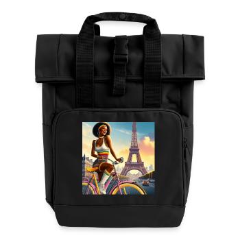 Schönes Mädchen auf dem Fahrrad, Eiffelturm - Rolltop Rucksack mit zwei Griffen - Schwarz - Vorne