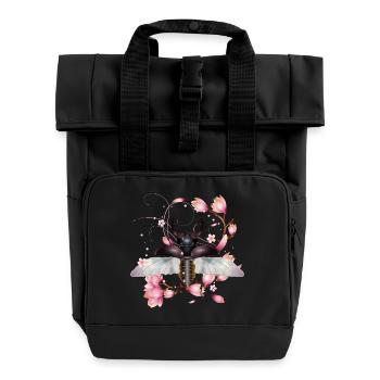 magnificent stag with wings & magnolia blossom - Roll Top Backpack with Two Handles - black - Front