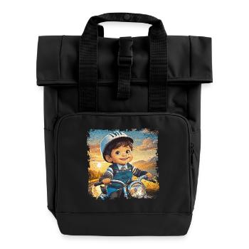 Kleiner Junge auf altem Motorrad - Rolltop Rucksack mit zwei Griffen - Schwarz - Vorne