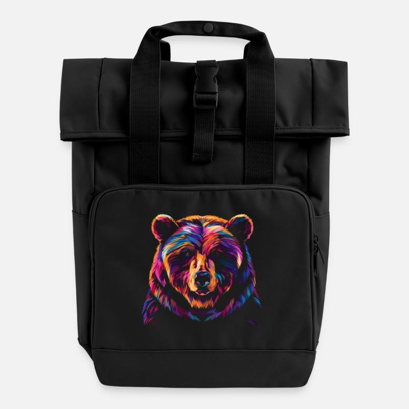 Colorful Bear Illustration - Roll Top Backpack with Two Handles - black