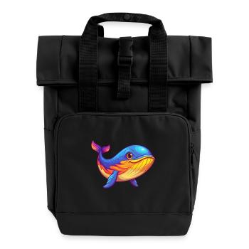 Blue Whale Colorful Kawaii Cartoon Sea Animal - Roll Top Backpack with Two Handles - black - Front