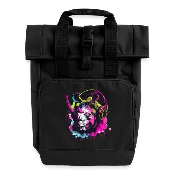 Nashorn Nashörner Nashornkopf mit Kopfhörer - Rolltop Rucksack mit zwei Griffen - Schwarz - Vorne