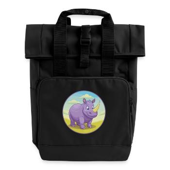 Rhino Cute Kawaii Cartoon Clipart Animal Pet - Roll Top Backpack with Two Handles - black - Front