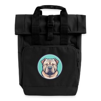 Miniature Shar Pei Dog Breed Cartoon Kawaii - Roll Top Backpack with Two Handles - black - Front