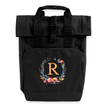 R Monogram, Couronne de fleurs, Personnalisable - Sac à dos Roll Top à deux anses - noir - Devant