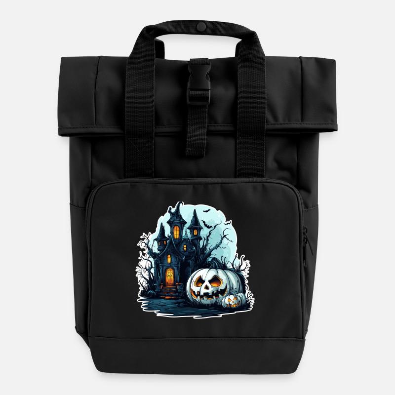 Haunted house with glowing pumpkins - Roll Top Backpack with Two Handles - black