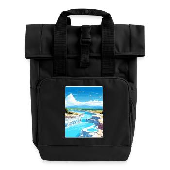 Pamukkale Travel Poster Souvenir Postcard Painting - Roll Top Backpack with Two Handles - black - Front