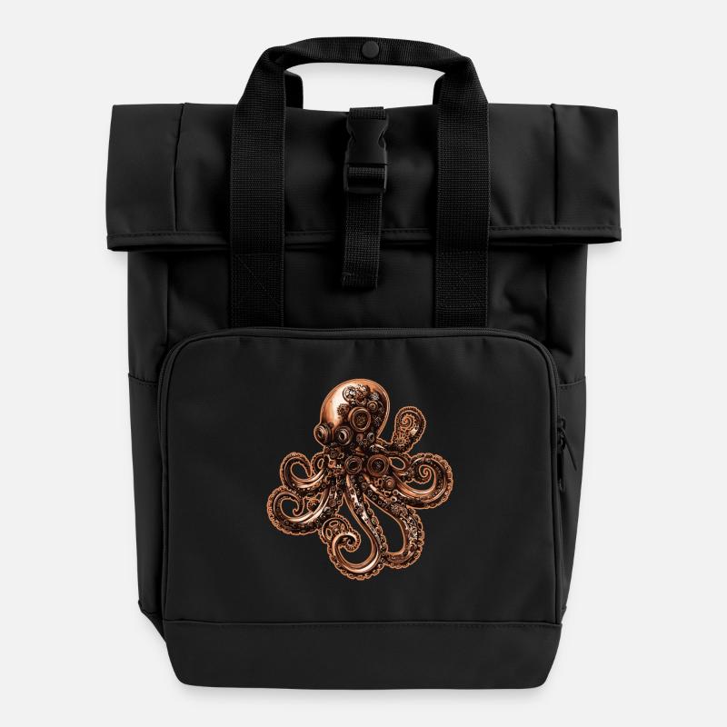 Steampunk Octopus Squid Vintage - Roll Top Backpack with Two Handles - black