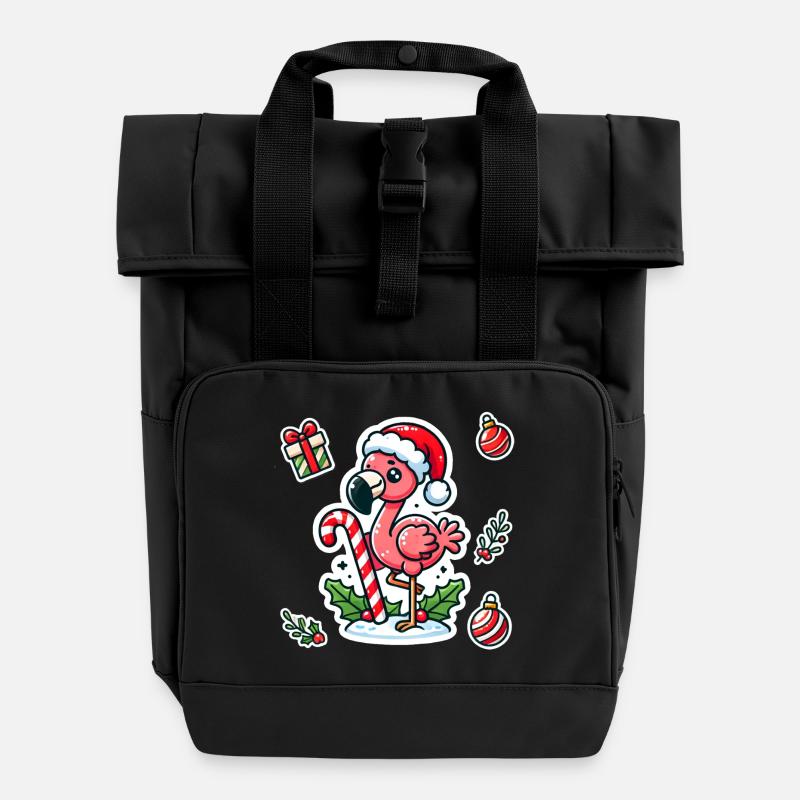 Festive Flamingo Fun - Roll Top Backpack with Two Handles - black