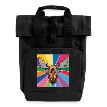 Moose Cool in Glasses Colorful King of the Forest - Roll Top Backpack with Two Handles - black - Front