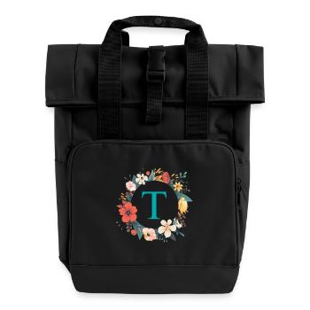 T Monogram, Couronne de fleurs, Personnalisable - Sac à dos Roll Top à deux anses - noir - Devant