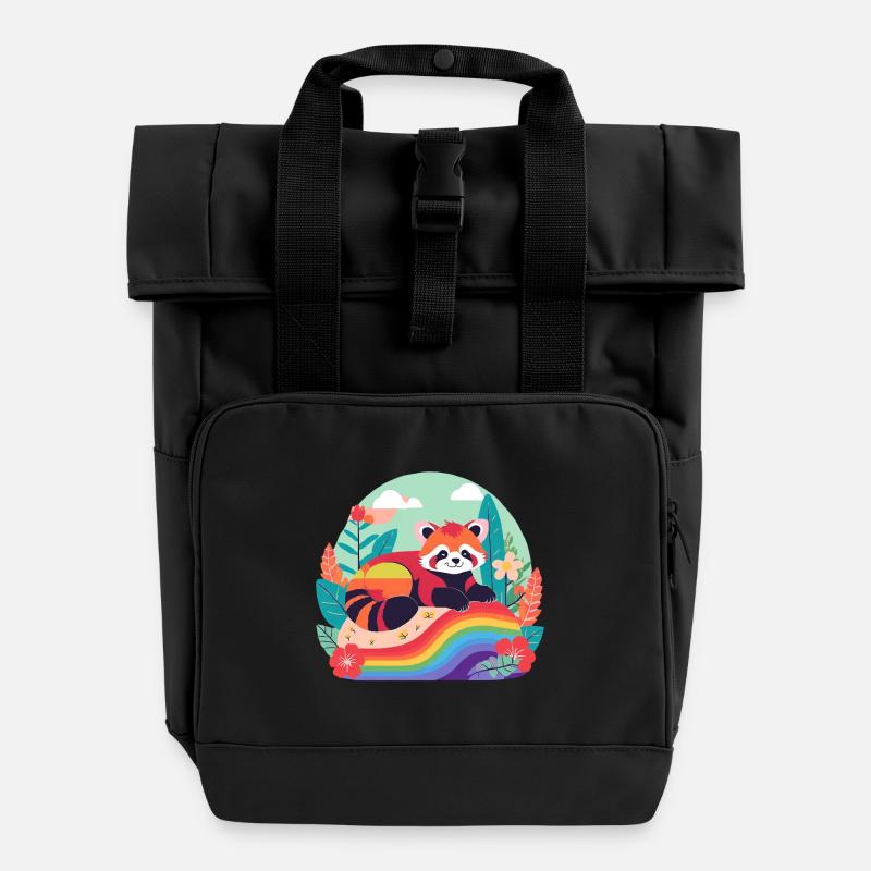 Rainbow Panda at Rest - Roll Top Backpack with Two Handles - black