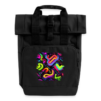 Neon Party Oldschool Color Glow UV - Rolltop Rucksack mit zwei Griffen - Schwarz - Vorne